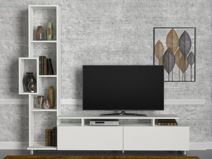 Hanah Home Mueble de TV Escandinavo Tulip Blanco con Almacenamiento y Estantería Salón